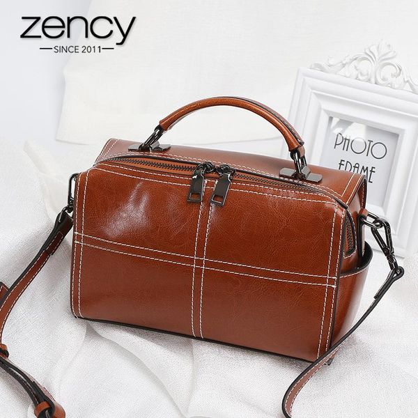 

zency retro brown women handle handbag 100% genuine leather small flap lady casual tote purse shoulder messenger bag black