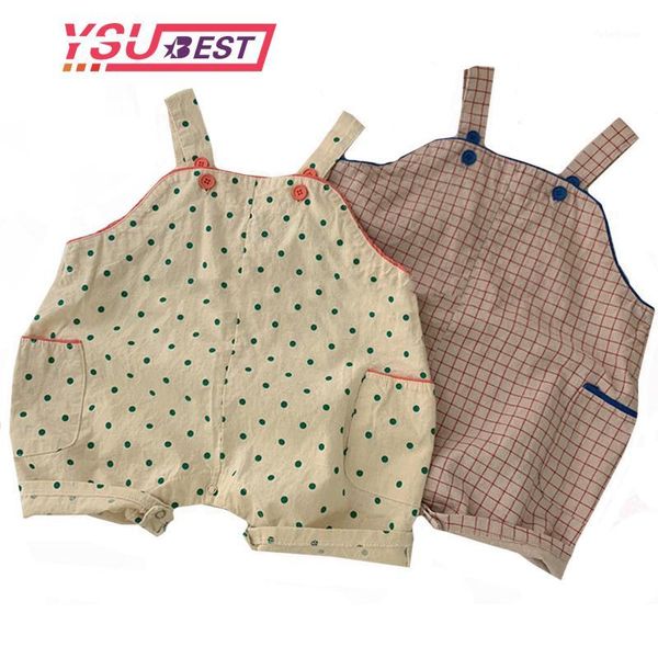 

new 2020 summer korean style children dot plaid overalls shorts loose baby boys girls overalls toddlers kids casual jumpsuits1, Blue