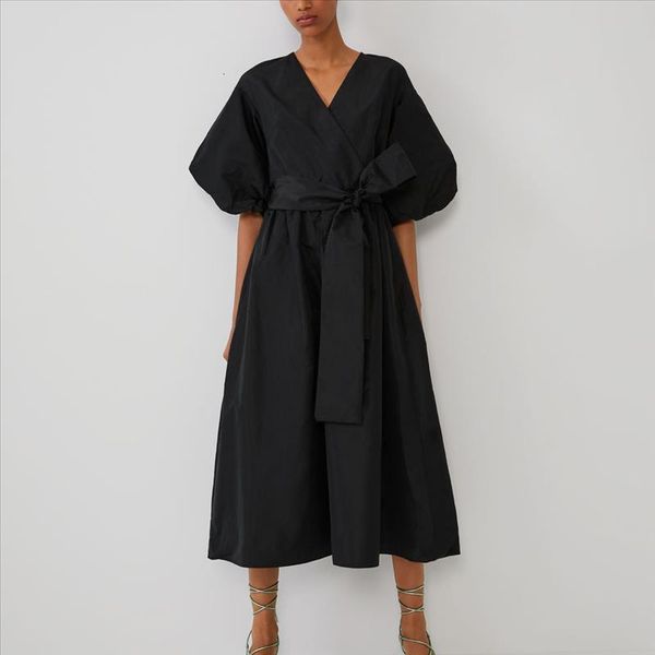 

2019 spring summer party dress black loose midi dress sashes bow half v-neck women long dress street casual puff sleeve, Black;gray