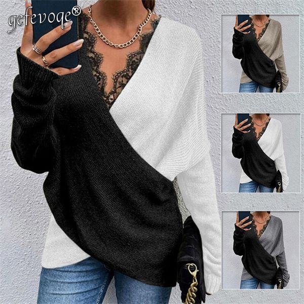 

women's elegant fashion lace v-neck patchwork loose pullovers knitting long sleeve blouse solid ity casual clothing 220312, White