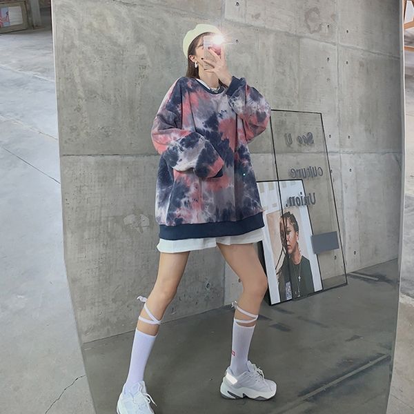 

lwhap high top уличного стиля женщины средней длиной 2020 в начале осени галстука окрашенного sweatersweater с длинными рукавами новый свобо, Black