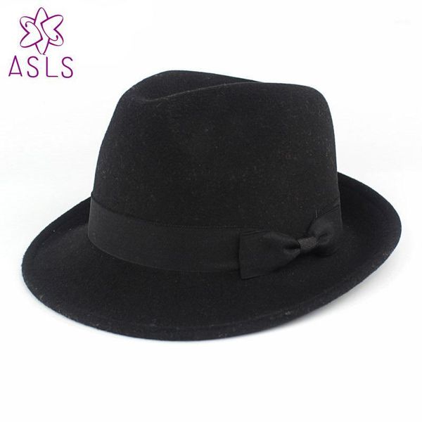 

new autumn and winter men's and women's woolen hats gentleman jazz hats black bow ribbons felt elegant1, Blue;gray