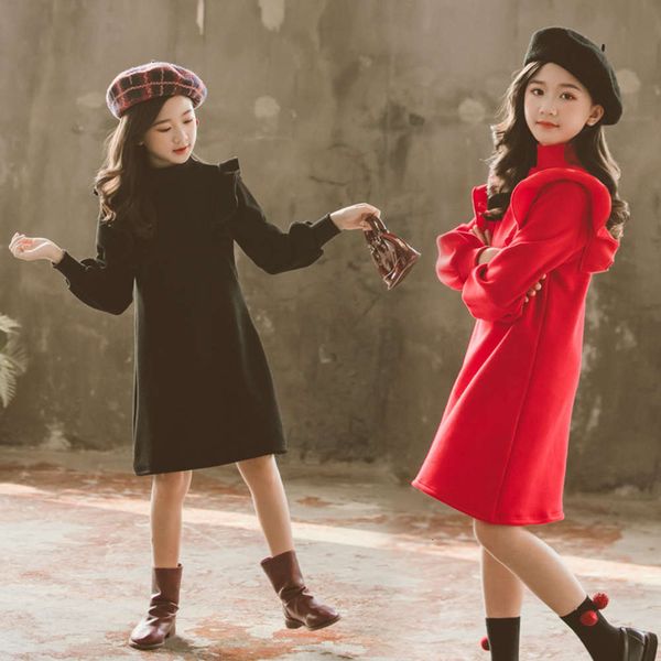 

autumn winter korean stand collar middle size with girls' plush and lantern sve loose children's drs, Red;yellow