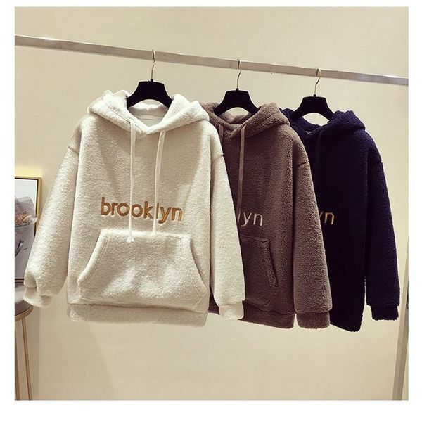 

2021 new plus veet autumn winter lamb wool hooded women sweatshit female tide style jacket wild hoodies thick muzp, Black