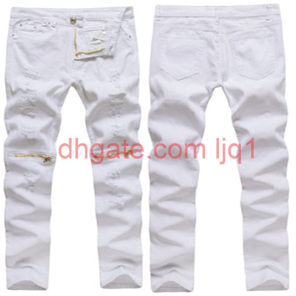 

men's casual zipper decoration hole high elastic slim fashion jeans casual style solid white male skinny trousers, Blue