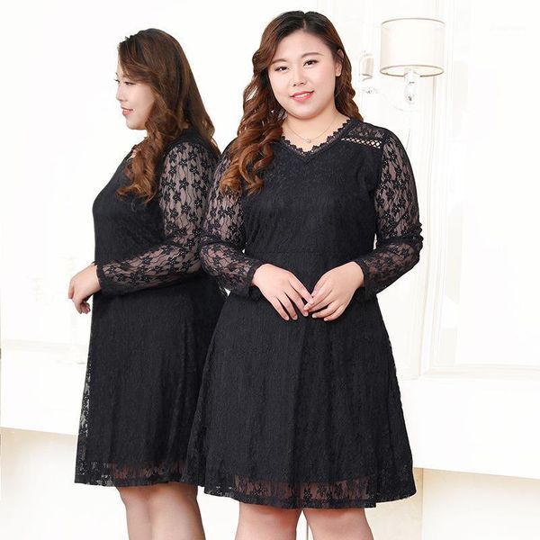 

v-neck plus size women dress spring autumn slim a-line elegant lace dresses long sleeve black casual robes1, Black;gray