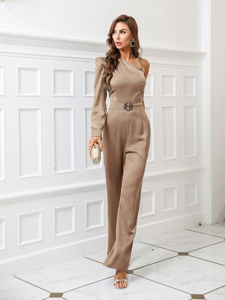 

satin asymmetrical neck gigot sleeve jumpsuit t2it#, White