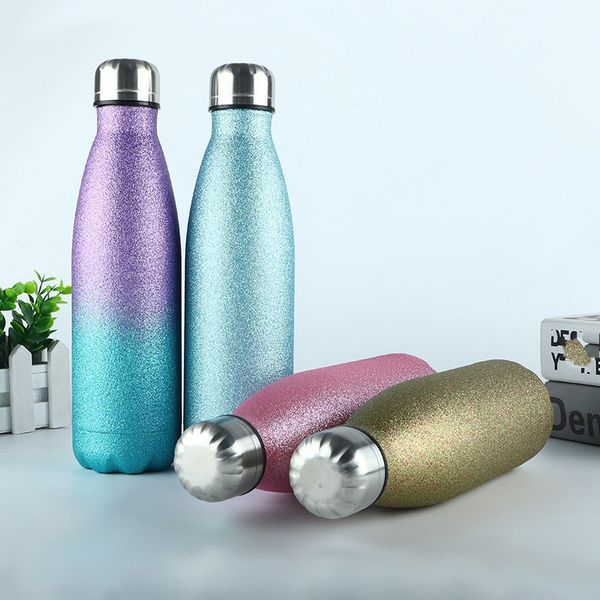 

500ml stainless steel water bottle double deck vacuum drink high capacity mug coffee glitter gradients cup outdoors sport portable 22yc f2