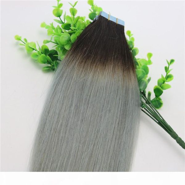 

tape in human hair extensions ombre hair two tone colored 1b grey silver gray glueless 40pcs 100gram brazilian virgin hair skin weft, Black