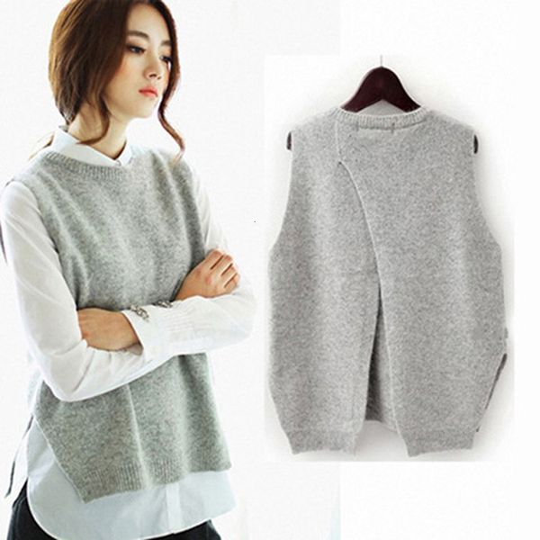 

2021 new autumn cashmere sweater women sleeveless o-neck back cross split knitted pullover vest female jumper pull femme fdyk, White;black