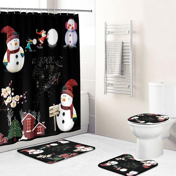 

bath accessory set christmas snowman decoration 3d printing waterproof showercurtain antiskid flannel toilet three piece bathroom curtain wi