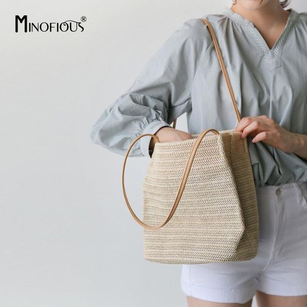 

minofious women straw shoulder bag summer beach tote bag rattan woven handmade knitted handbag womens leather messenger
