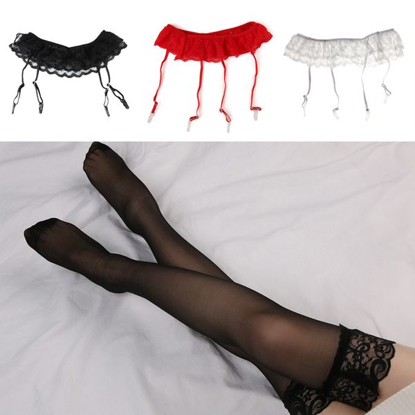 

1set fashion women lace soft thigh-highs stockings + suspender garter belt black white red pink