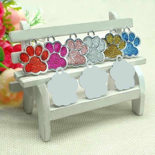 

wholesale 60pcs/lot glitter paw pet id tags stainless steel personalized puppy cat id tag for small dogs and cats sqcwbz