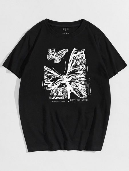

men slogan & butterfly print tee c4mz#, White;black