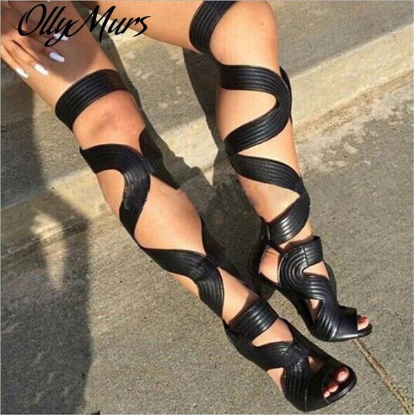 

peep toe thin heels black gladiator shoes woman over the knee boots lace up summer cut out boots lady fashion big size 45