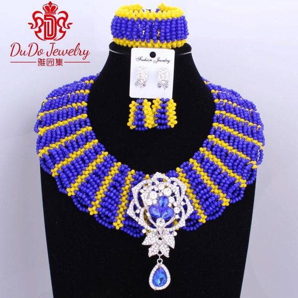 

amazing royal blue and yellow mix color african jewelry sets african beads supplier nigerian beads sets wedding jewelry, Silver