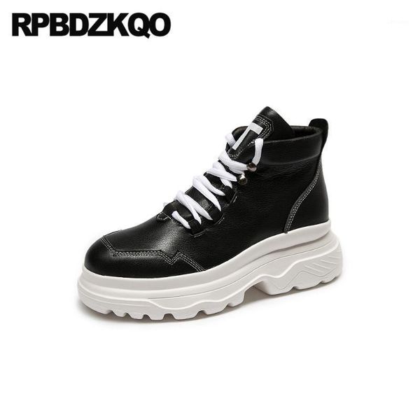 

black autumn muffin women ankle boots medium heel designer wedge fur creepers high winter shoes white round toe lace up flatform1