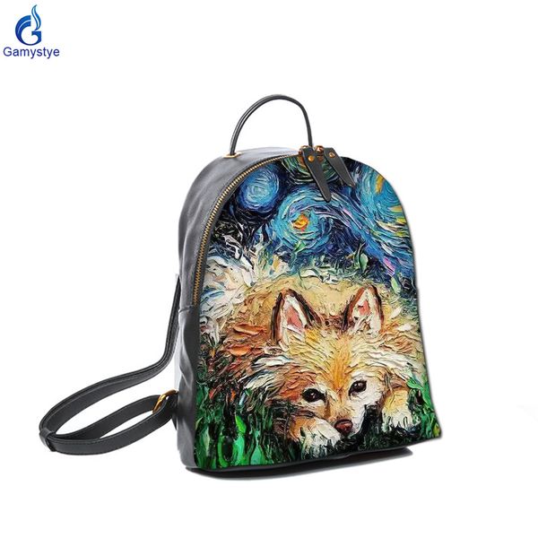

2020 new fashion custom graffiti real leather backpack bag art paint van gogh star dog fox womens backpack bag genuine leather