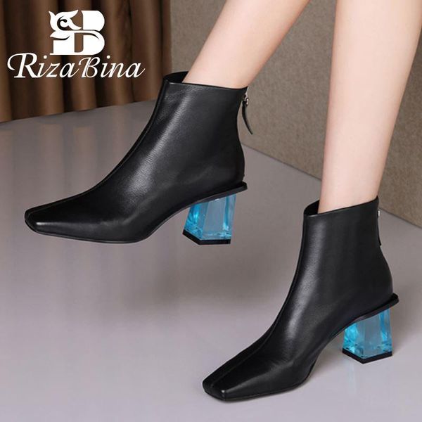 

rizabina real leather women ankle boots thick heel square toe zipper shoes new design winter boots women footwear size 34-39, Black