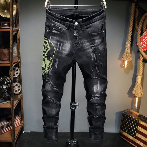 

2021 new style skinny male jeans black wash strass pants fashion clothes qzuq, Blue