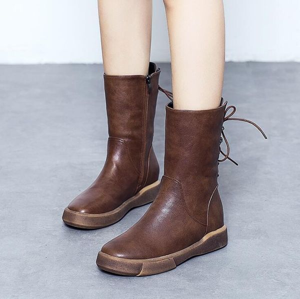 

genuine leather boots female 2020 winter new flat bottom plus velvet cotton boots british wind retro wild women's bootsh1, Black