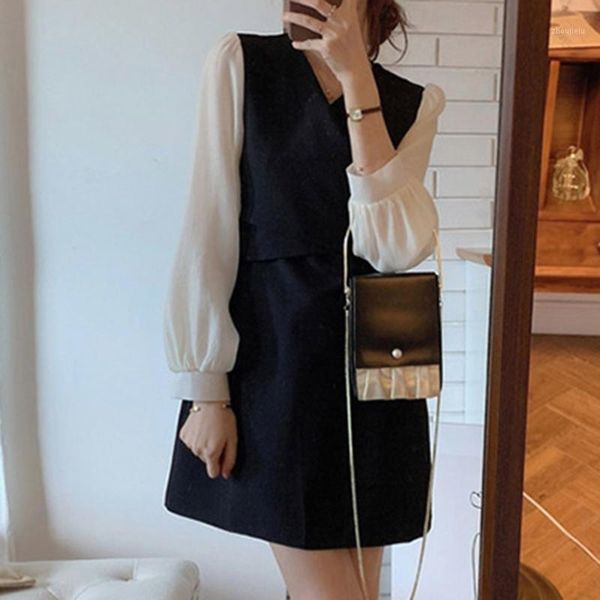

japan style long sleeve dress korean fashion spring the new popular simple dress elegant high waist v-neck1, Black;gray