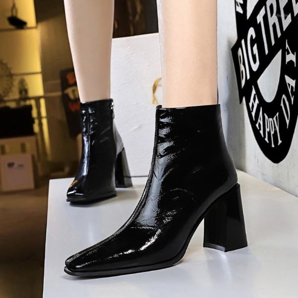 

boots 2021 spring autumn and winter women's banquet high heels nightclub wedding shoes patent leather 34-401, Black