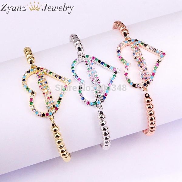 

5pcs zyz338-0649 micro pave cz 4mm brass bead strand bracelet heart mama connector macrame rope bracelet jewelry, Golden;silver