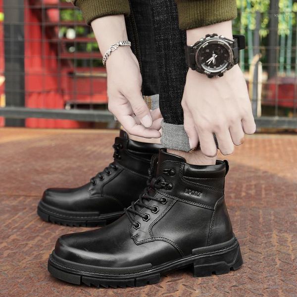 

boots natural leather men plus size warm plush ankle snow shoes handmade lace up winter zapatos hombre1, Black