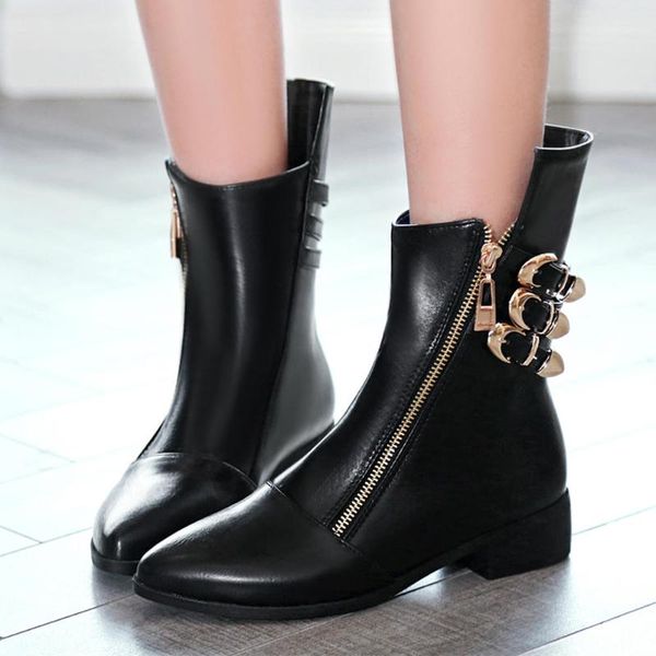 

bonjomarisa female fashion buckle zipper pointed toe low heel ankle boots metal design brand boots women casual shoes woman, Black