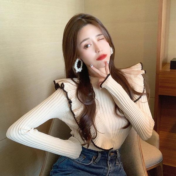 

2021 spring new ruffles knitting women sweater and pullovers o-neck long-sleeved elastic elegant office lady pulls outwear, White;black