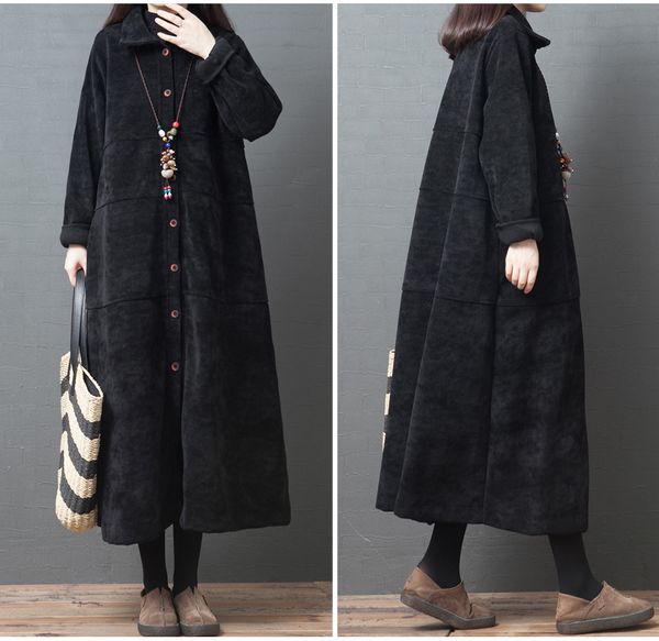 

2020 new autumn winter long trench coats women vintage corduroy plus velvet korean loose large size long sleeve overcoats xa1131 1028, Tan;black