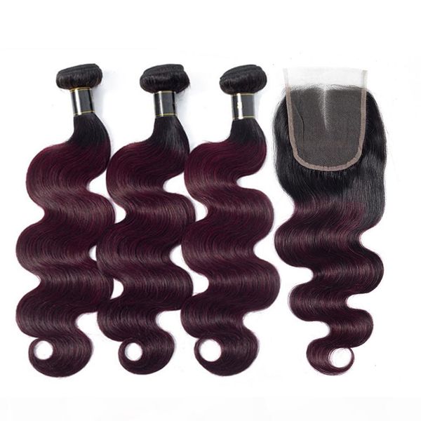 

#1b 99j wine red ombre body wave peruvian human hair weaves with lace closure 4x4 wavy burgundy ombre human hair 3bundles with closure, Black