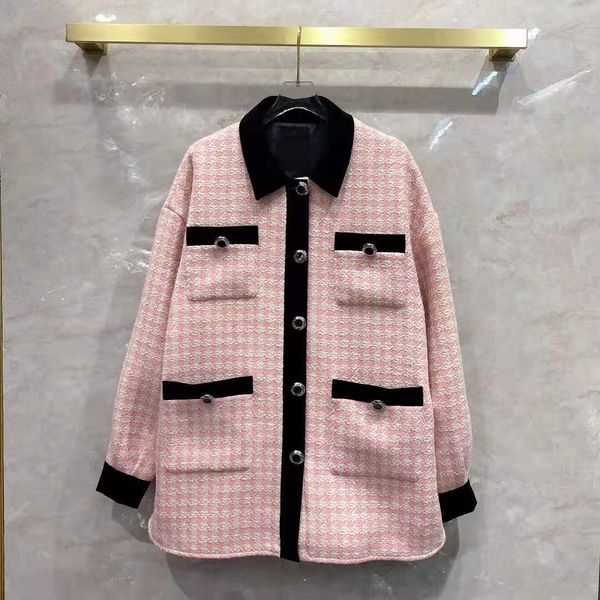 

european and american women's clothing 2020 winter new style long sleeve pink plaid single breasted fashionable woolen coat, Black
