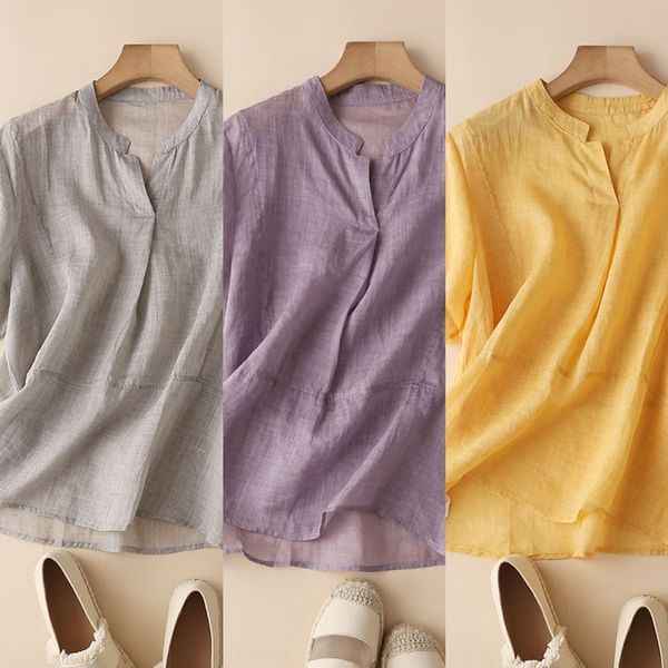 

3538 ramie short v-neck shirtshirt shirtpurple women's literature and art chinese women's solid color loose short sleeve thin shir, White