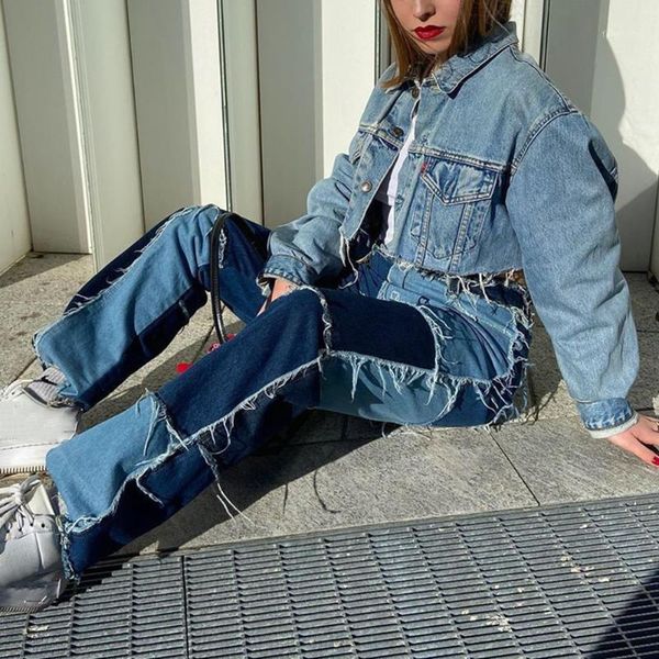 

women's jeans fashion 2021 patchwork straight high waist streetwear y2k hip hop trousers design button casual female pants women1, Blue