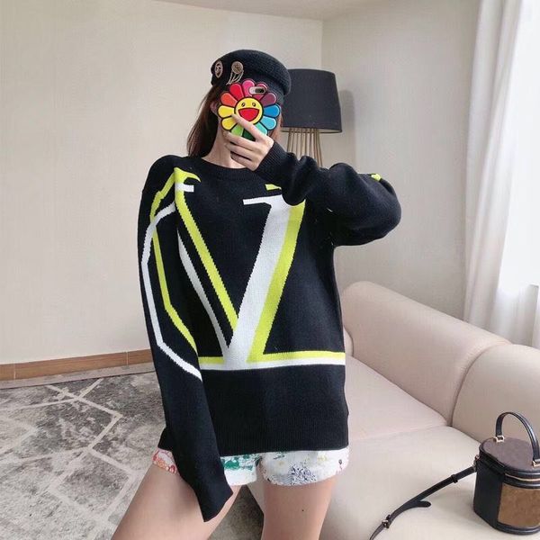 

popular logo sweater of the same quality for both men and women vlnt mosaic big v three color jacquard temperament loose versatile sweater, White;black