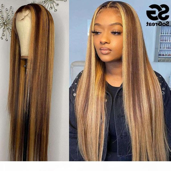 

highlight human hair ombre straight 28 30 inch wig brazilian 13x1 hd full frontal honey blonde lace front wigs, Black;brown