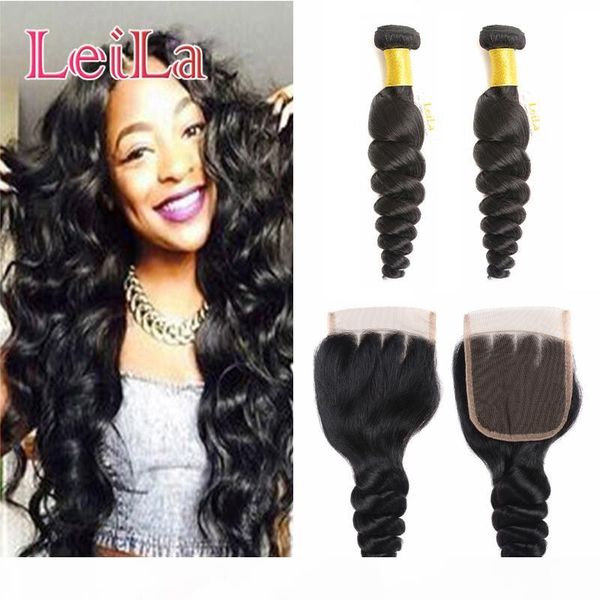 

brazilian loose wave 2 bundles with 4x4 closure human hair middle three part virgin hair unprocessed, Black;brown