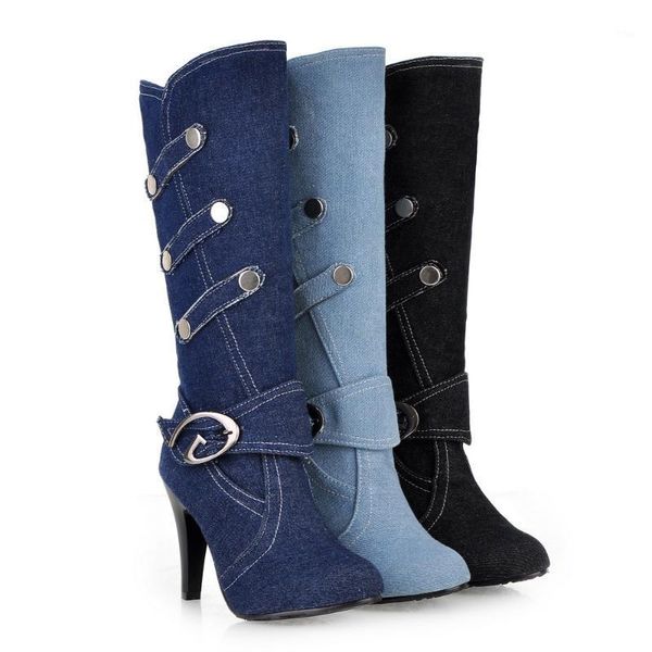 

women's long boots large size women's boots denim face in the tube belt buckle stiletto high heel 34-431, Black