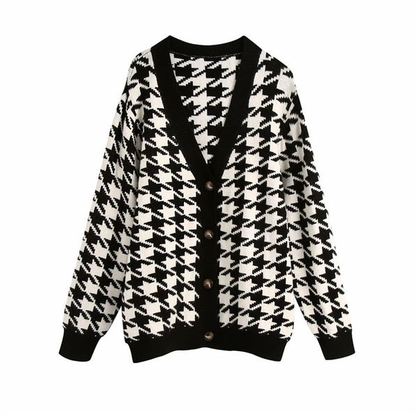 

evfer women autumn casual houndstooth black knitted cardigans sweater laides fashion v-neck long sleeve plaid sweaters chic 201202, White;black