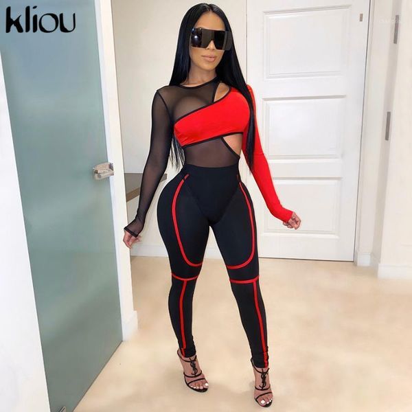 

kliou 2020 new two color patchwork see-through mesh slim two-piece set woman long-sleeve bodysuit high waist leggings set1, White