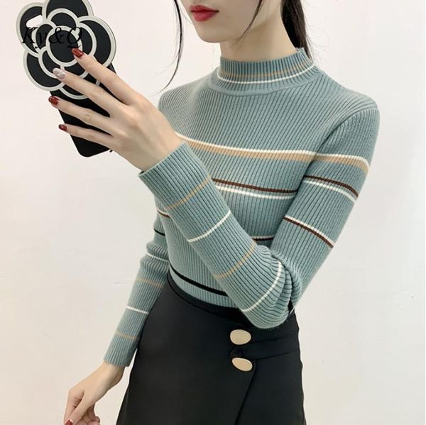 

women's sweaters 2021 brand runway half tulteneck striped knit pullover women winter slim short luxury long sleeve bottoming sw, White;black