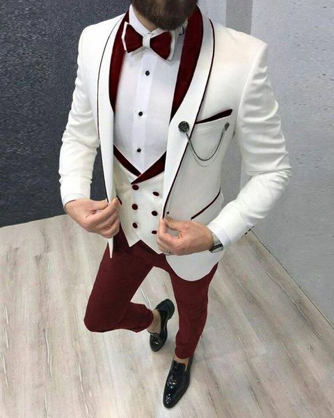 Últimas Pant Brasão Designs ternos clássicos de homens brancos para o casamento de Borgonha Groom Tuxedo Slim Fit Terno Masculino Prom Party 3 peça