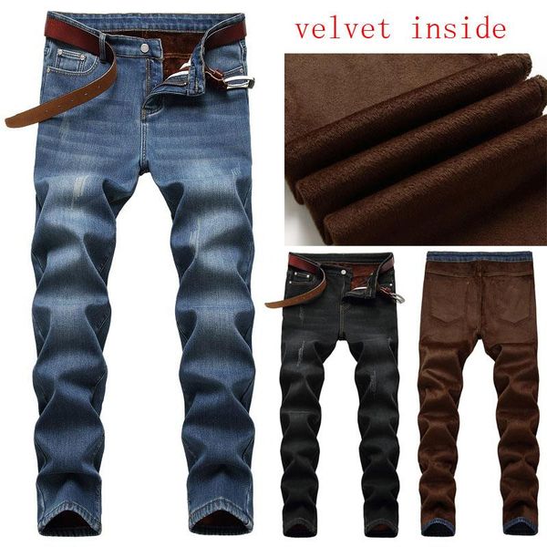 

men's jeans winter men skinny stretchy pant velvet inside denim long, Blue