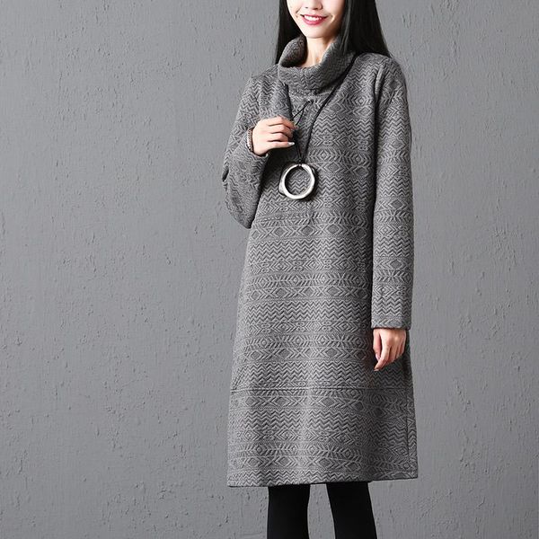 

casual dresses fashion 2021 autumn women loose cotton linen dress winter thick long sleeve turtleneck vintage, Black;gray