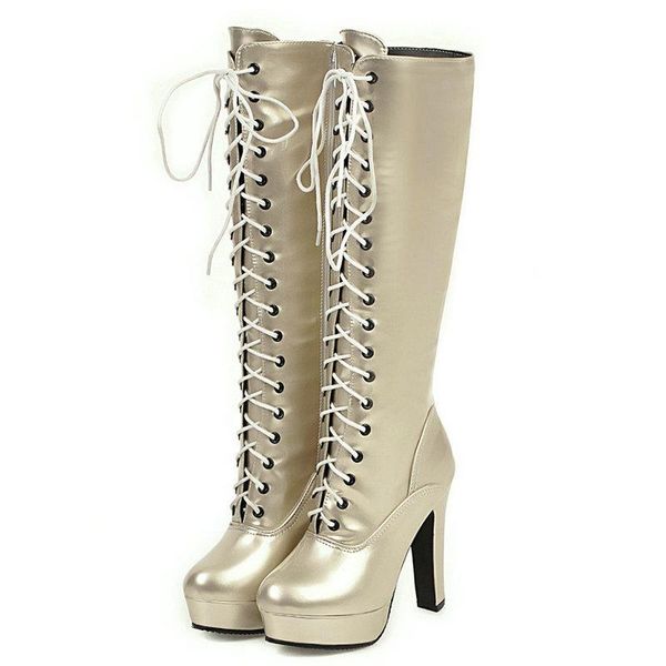

boots fashion women lace up super high heels platfrom Â thick sole mid calf spring winter plus size 46, Black