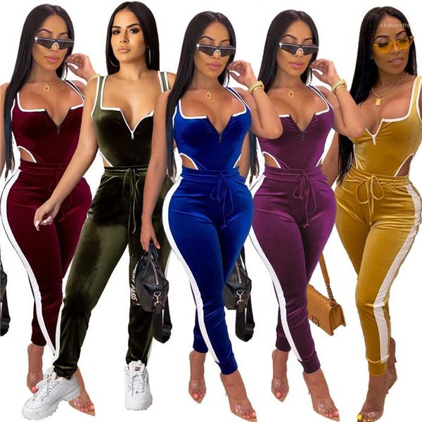 

two piece tracksuits sleeveless skinny jumpsuits solid color patchwork casual women jogger sweatpants golden velvet womens, Gray