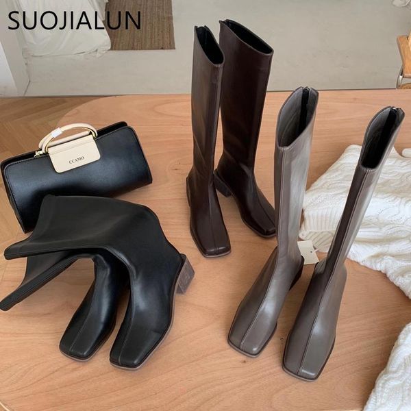 

suojialun зимы женщин высокого качества мягкий pu кожаный boots квадратный носок низкий каблук zipper основные кольцо загрузки обувь женская, Black